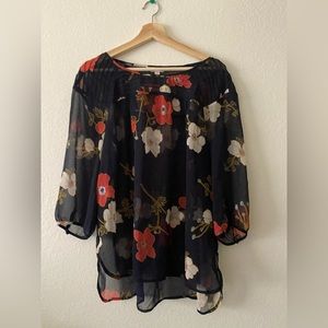 LC Lauren Conrad Navy Floral Sheer Tunic Blouse - XL
